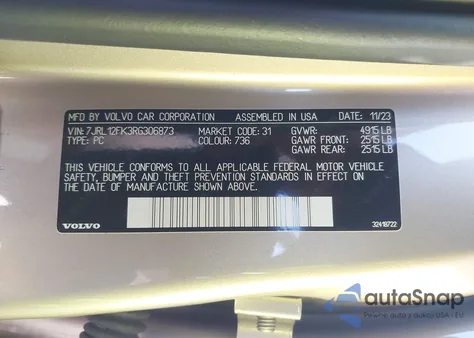 2024 Volvo S60 B5 Core Dark Theme from USA, damaged, VIN 7JRL12FK3RG306873